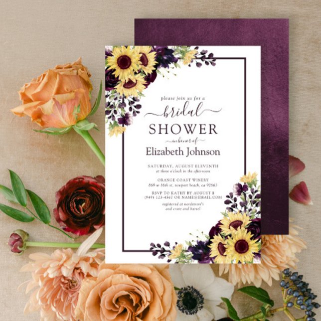 Invitation Fête de mariage aquarelle Tournesol Violet prune (Créateur téléchargé)