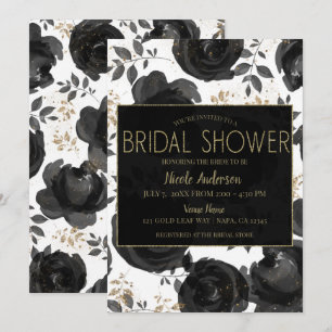 Invitation Fête de mariage Black Gold Floral Glam Leaves