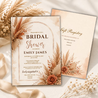 Invitation Fête de mariage bohème en terre cuite et pampas