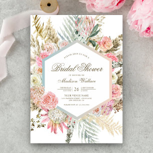 Invitation Fête de mariage Bohème Fleurs Roses Pâles Pampas