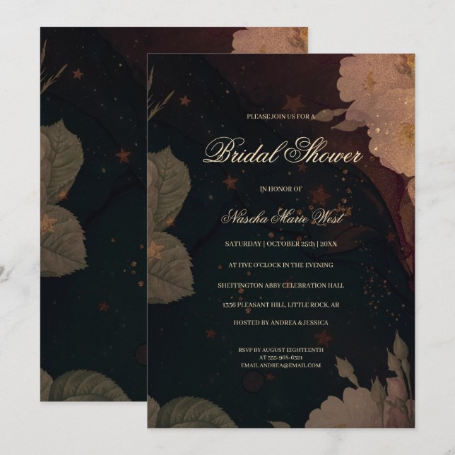 Invitation Fête de mariage bohème gothique floral rouge foncé (Devant / Derrière)