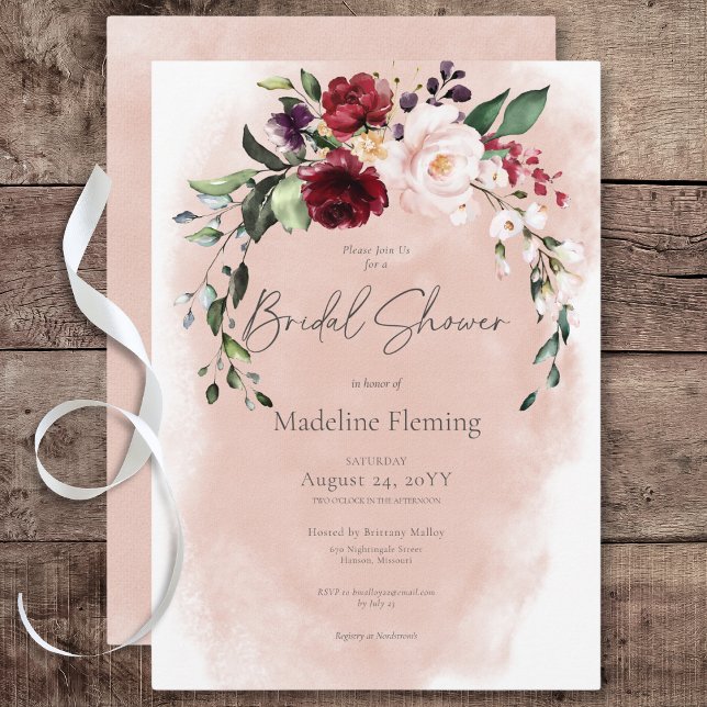Invitation Fête de mariage champêtre avec des roses bourguign (Rustic Burgundy & Blush Pink Roses Bridal Shower Invitation)
