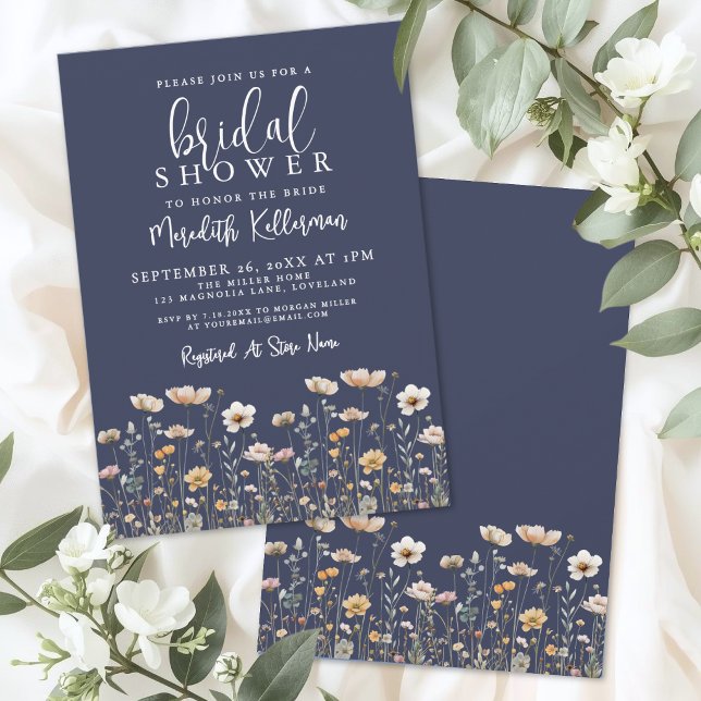 Invitation Fête de mariage champêtre bleu marine (Wildflower Beige Bridal Shower Invitation)