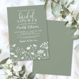 Invitation Fête de mariage champêtre vert sauge avec fleurs s