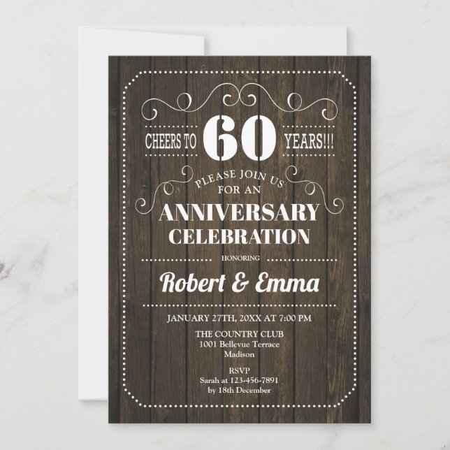 Invitation Fête de mariage de 60 ans en bois rustique (Devant)