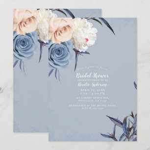 Invitation Fête de mariage Dusty Blue Gris & Pêche Floral