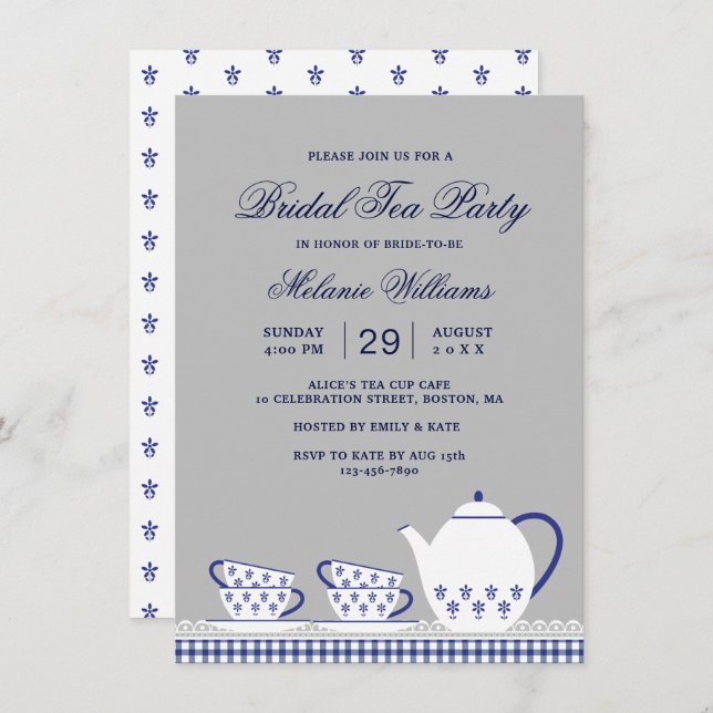 Invitation Fête de mariage élégante bleue grise florale pour  (Devant / Derrière)