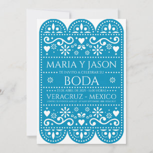 Invitation Fête de mariage espagnole en papier découpé turquo