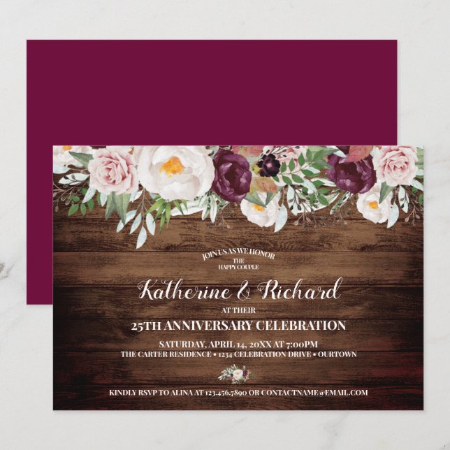 Invitation Fête de mariage et d'anniversaire de mariage flora (Devant / Derrière)