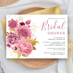 Invitation Fête de Mariage Fleurie Rose Mauve Poussiéreux
