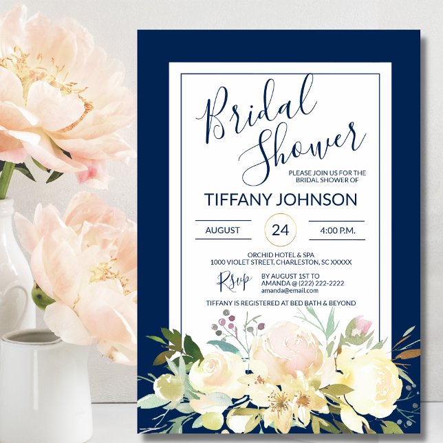 Invitation Fête de mariage Floral Aquarelle Bleu Marine (Créateur téléchargé)