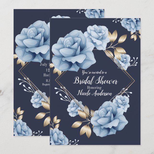 Invitation Fête de mariage floral bleu et or (Devant / Derrière)