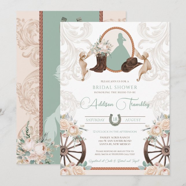 Invitation Fête de mariage floral rose blanc occidental vert  (Devant / Derrière)