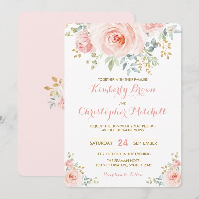 Invitation Fête de mariage floral rose poudré à l'aquarelle d (Devant / Derrière)