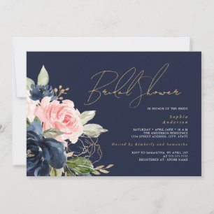 Invitation Fête de mariage floral rose poudré et marine