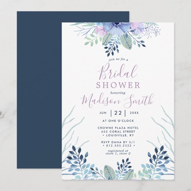 Invitation Fête de Mariage Florale d'Hiver Rustique Bleu Mari (Devant / Derrière)