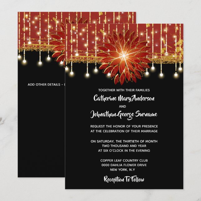 Invitation Fête de mariage florale noire et rouge or (Devant / Derrière)