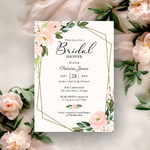 Invitation Fête de mariage florale rose et géométrique dorée
