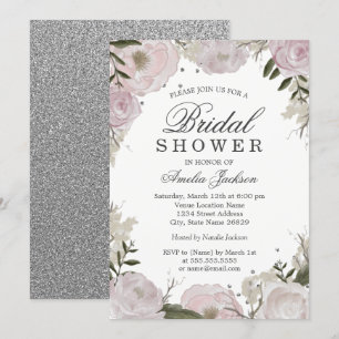 Invitation Fête de mariage florale scintillante argent rose