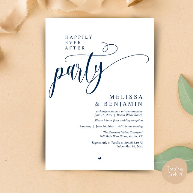 Invitation Fête de Mariage "Happily Ever After", Réception Mo (Happily Ever After Party, Reception Modern Minimal Invitation Card in Navy Blue)
