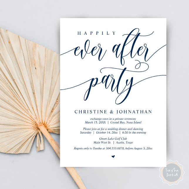 Invitation Fête de Mariage "Heureux à Tout Jamais", Dîner Int (Happily Ever After Party, Wedding Elopement Dinner Invitation Card, PDF, in Navy Blue)