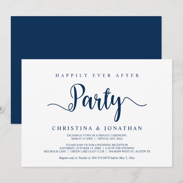 Invitation Fête de Mariage heureux pour toujours, Bleu marine (Devant / Derrière)