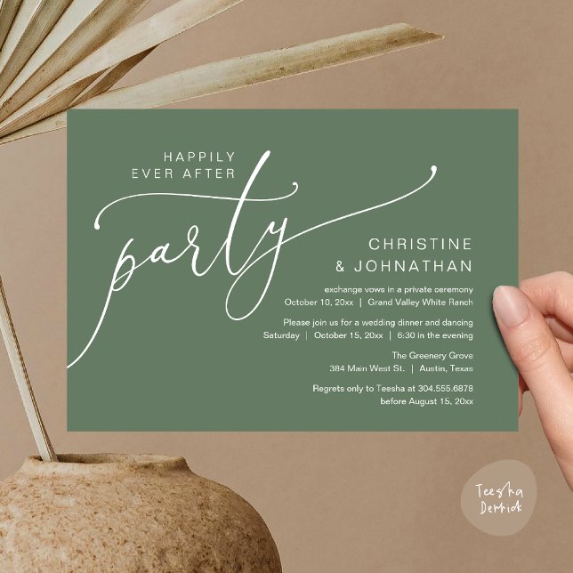 Invitation Fête de Mariage Heureux Pour Toujours, Dîner de Ma (Happily Ever After Party, Romantic Modern Elopement Dinner Dancing Invites Card PDF Sage Green)
