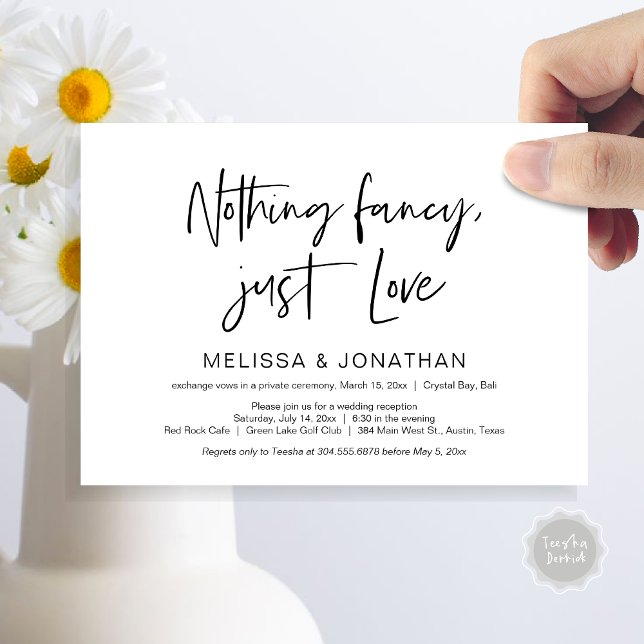 Invitation Fête de Mariage Heureux Pour Toujours, Noir, Éliti (Nothing Fancy Just Love, Wedding Elopement Dinner Party Invitation Card, PDF, Modern, Black White)