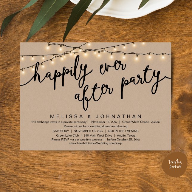 Invitation Fête de Mariage "Ils vécurent heureux à tout jamai (Happily Ever After Party, Rustic Wedding Dinner Invitation Card, PDF, Cottage Brown Kraft Graphic)