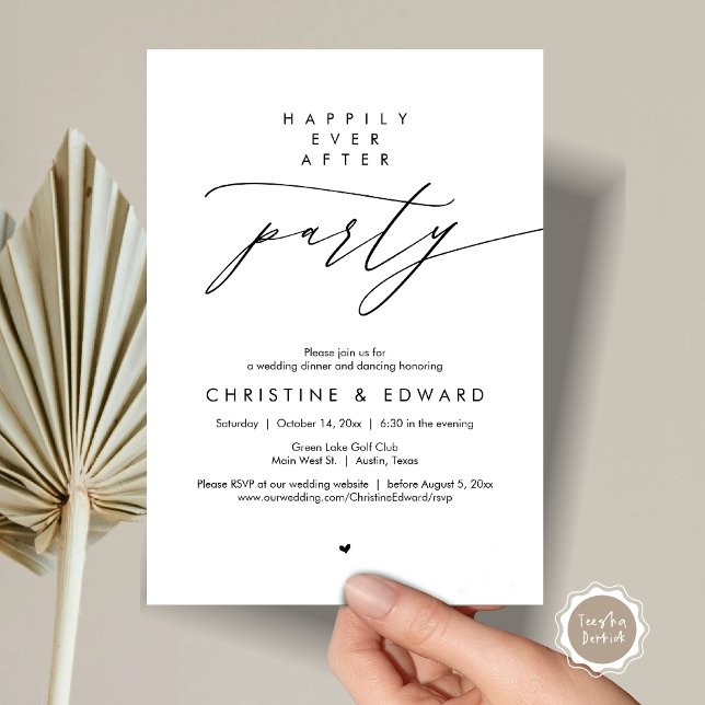 Invitation Fête de Mariage "Ils vécurent heureux", Dîner de m (Happily Ever After Party, Modern Minimalist Wedding Dinner Invitation Card, PDF, Black and White)