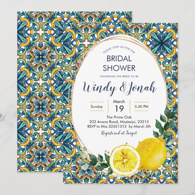 Invitation Fête de mariage Italien Carreaux Bleus Citron Main (Devant / Derrière)