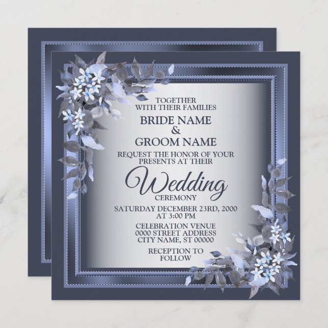 Invitation Fête de mariage Marine Bleu Floral Frame Argent Mo (Devant / Derrière)