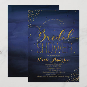 Invitation Fête de mariage moderne aquarelle bleu or confetti