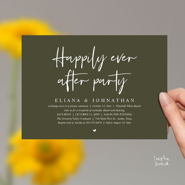Invitation Fête de Mariage Moderne et Éternelle (Happily Ever After Party Modern Wedding Reception Invitation Card in Olive Green)