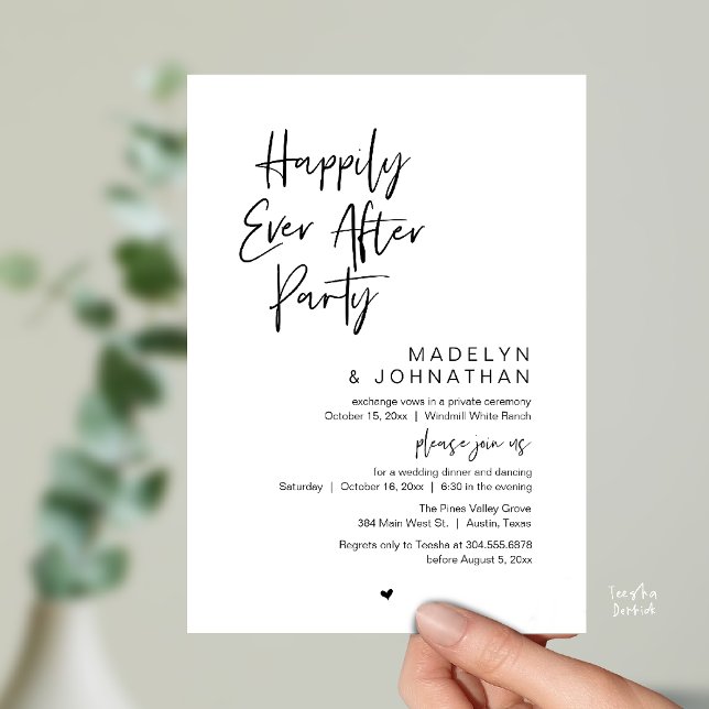 Invitation Fête de Mariage Moderne, Happily Ever After (Happily Ever After Party, Modern Wedding Reception Dinner Invitation card in black and white)