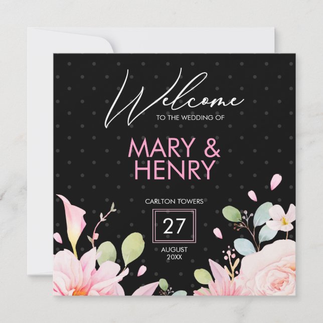 Invitation Fête de mariage moderne rose et noir (Devant)