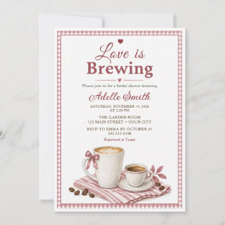 Invitation Fête de mariage Pink Gingham Love Is Brewing Café