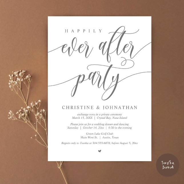 Invitation Fête de mariage pour "Ils vécurent heureux pour to (Happily Ever After Party, Wedding Elopement Dinner Invitation Card, PDF, in Dark Grey)