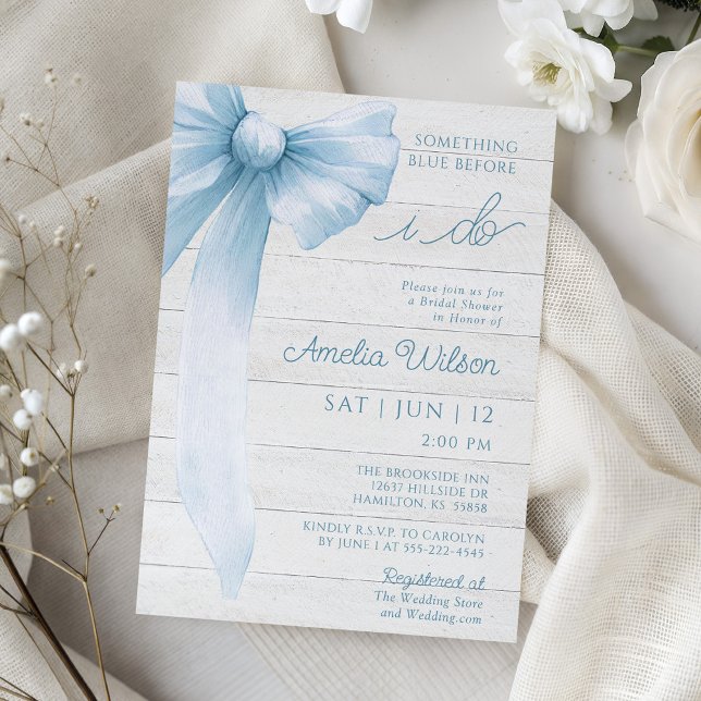Invitation Fête de mariage rustique avec un nœud bleu (Rustic Bow Something Blue Bridal Shower Invitation)