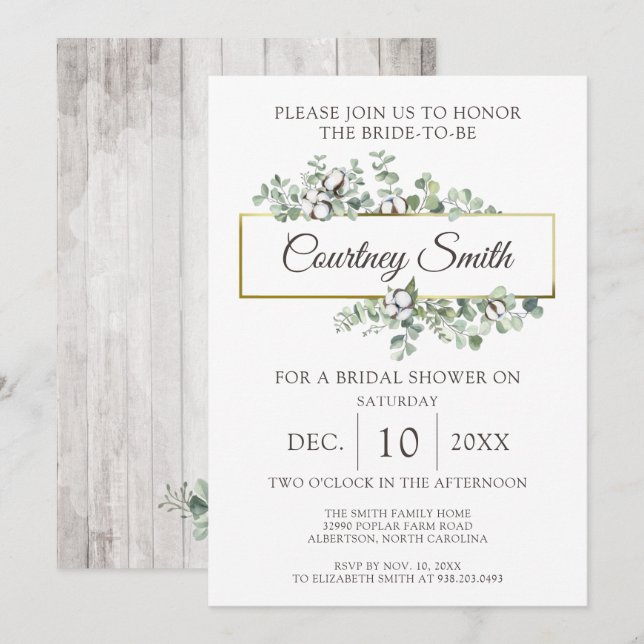 Invitation Fête de mariage Rustique Bois Coton du Sud (Devant / Derrière)
