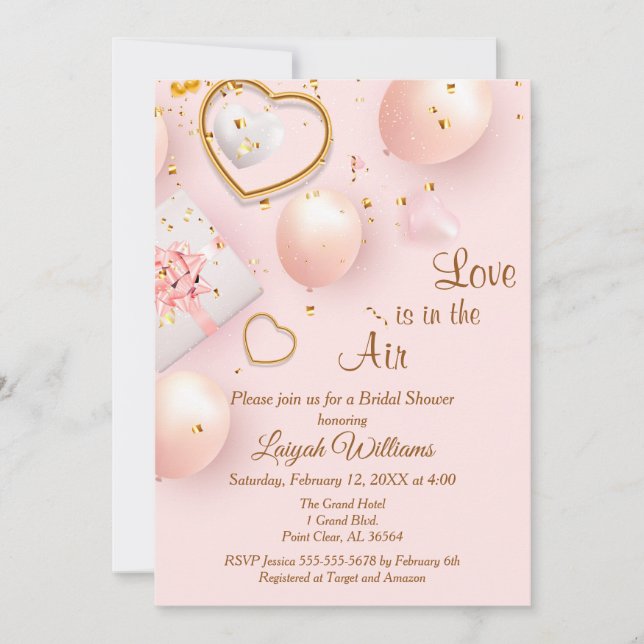 Invitation Fête de mariage Saint-Valentin rose et or (Devant)