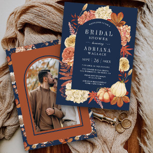 Invitation Fête de mariage Terracotta Pumpkin Floral Bleu Nui