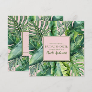 Invitation Fête de mariage tropicale aux feuilles roses et ve