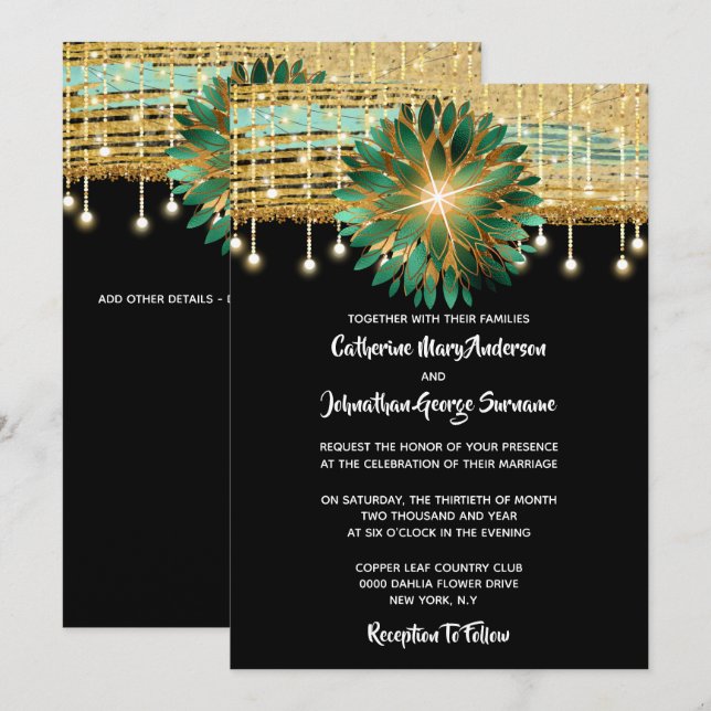 Invitation Fête de mariage turquoise en or noir floral (Devant / Derrière)