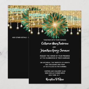Invitation Fête de mariage turquoise en or noir floral