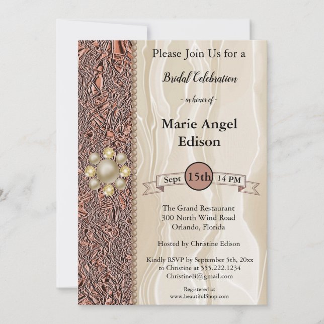 Invitation Fête de mariée Cuivre à huile, Crème à soie et per (Devant)