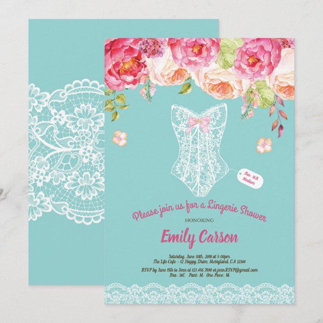 Invitation Fête de mariée en dentelle turquoise (Devant / Derrière)