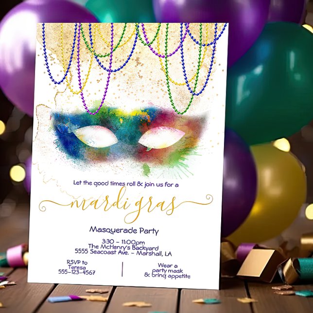Invitation Fête de Mascarade au Carnaval de Mardi Gras en Aqu (Créateur téléchargé)