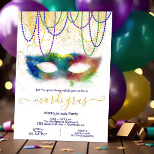 Invitation Fête de Mascarade au Mardi Gras en Aquarelle Arc-e
