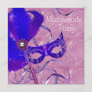 Invitation Fête de Mascarade Bleu Royal Violet Rose